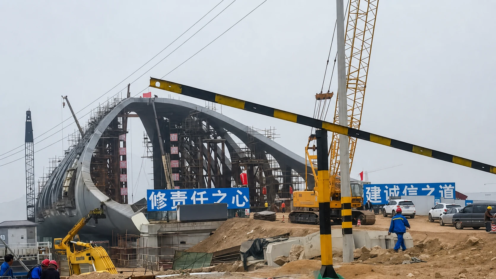 Steel bridge structure under construction with crane and arch girder