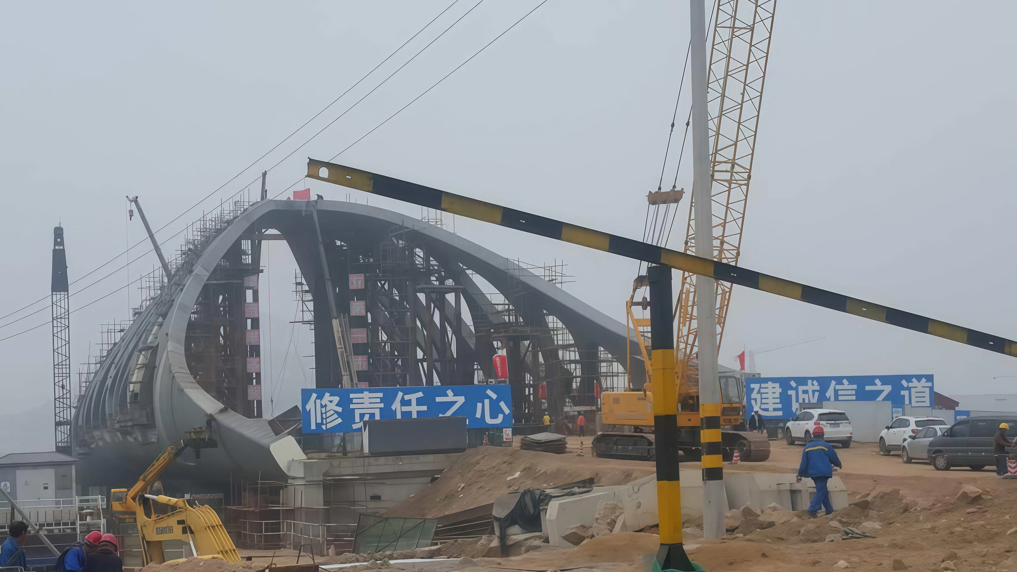 Steel arch bridge structure under construction with crane and arch girder
